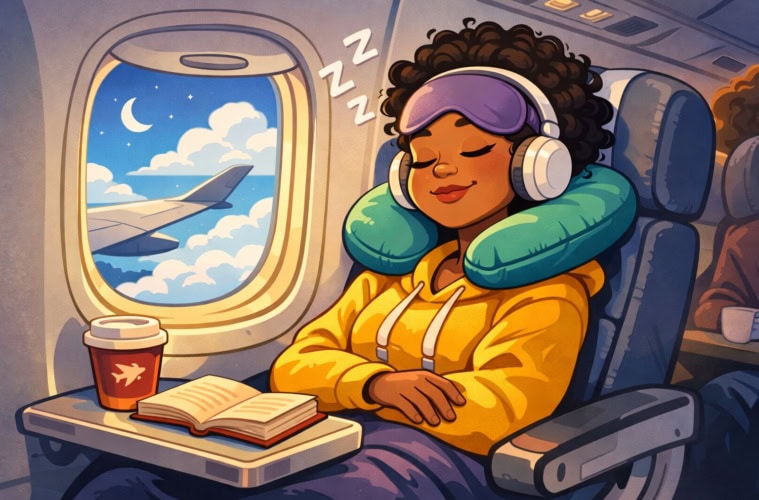 Illustration einer Frau, die im Flugzeug schläft