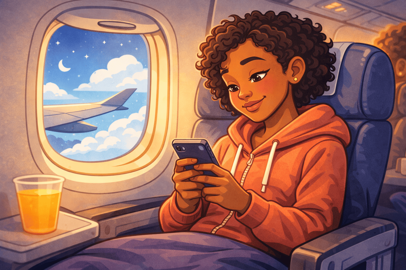 Frau am Handy im Flugzeug