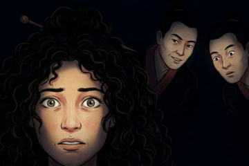 Illustration: Uli in Myanmar mit Fremden im Hintergrund