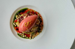 Auf einem schicken Teller mit sehr breitem Rand ist eine ovale, lachsfarbene Creme auf einem kleinen Bett aus Gebäck angerichtet, darunter Crumble und rote Sauce.