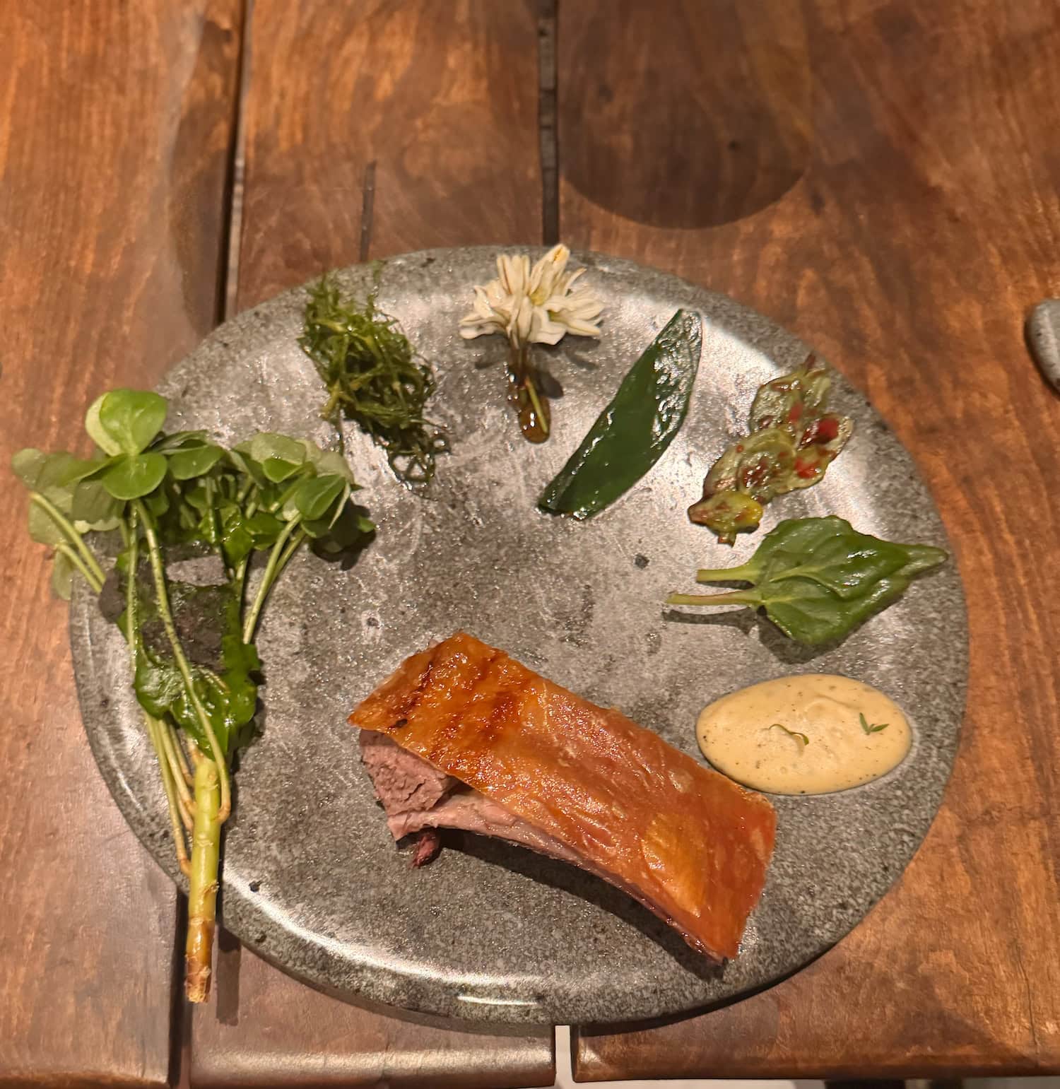 Ente und Gemüse auf einem Teller angerichtet im Boragó in Chile