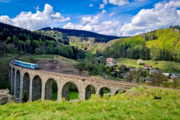 Ein blauer Zug fährt über ein Viadukt durch eine sommergrüne Landschaft.