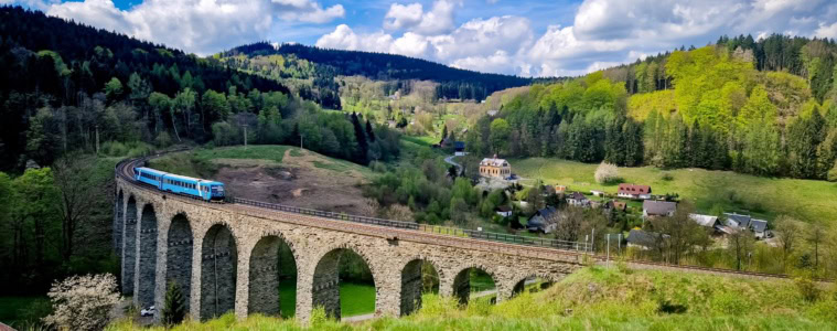 Ein blauer Zug fährt über ein Viadukt durch eine sommergrüne Landschaft.