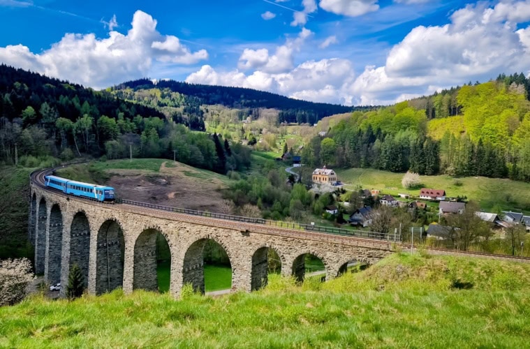 Ein blauer Zug fährt über ein Viadukt durch eine sommergrüne Landschaft.