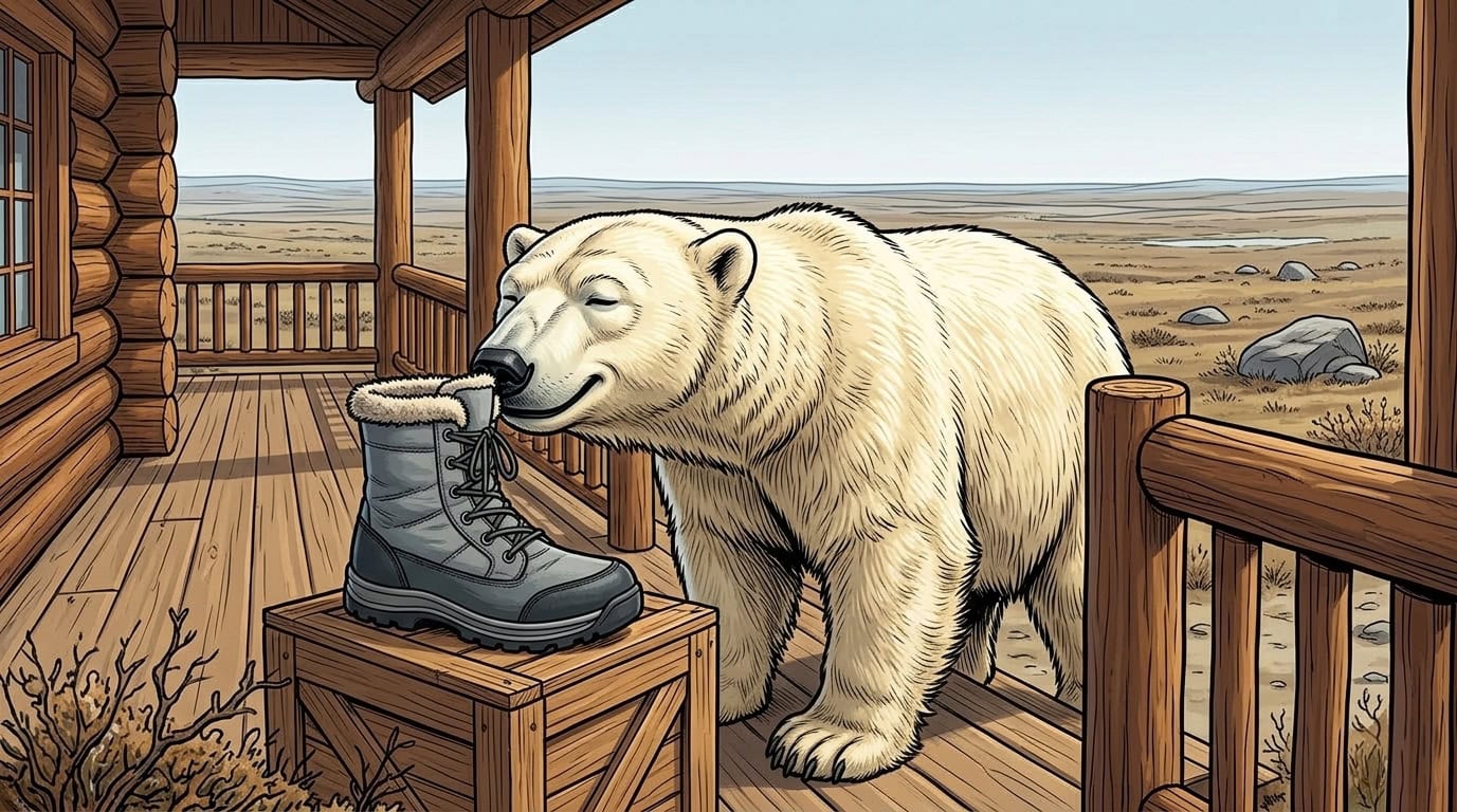 Illustration von einem Eisbären der an einem Stiefel auf einer Veranda schnüffelt