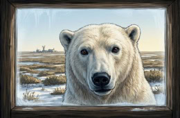 Illustration: Eisbär schaut durch ein Fenster in eine Hütte