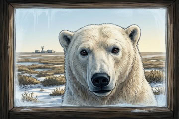 Illustration: Eisbär schaut durch ein Fenster in eine Hütte