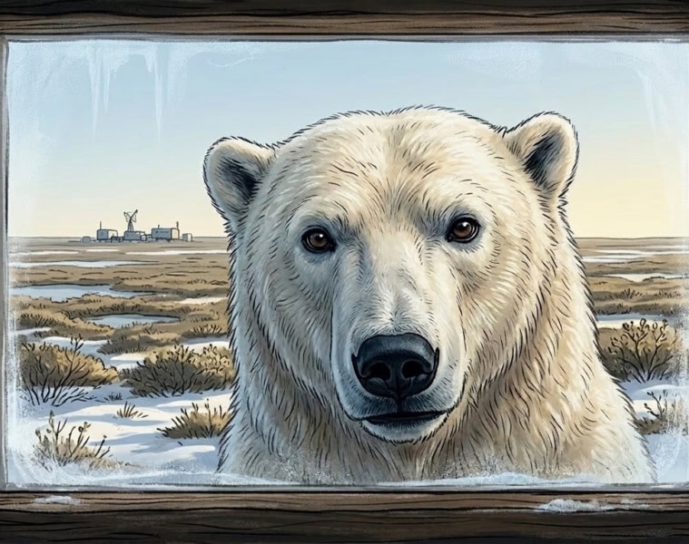 Illustration: Eisbär schaut durch ein Fenster in eine Hütte