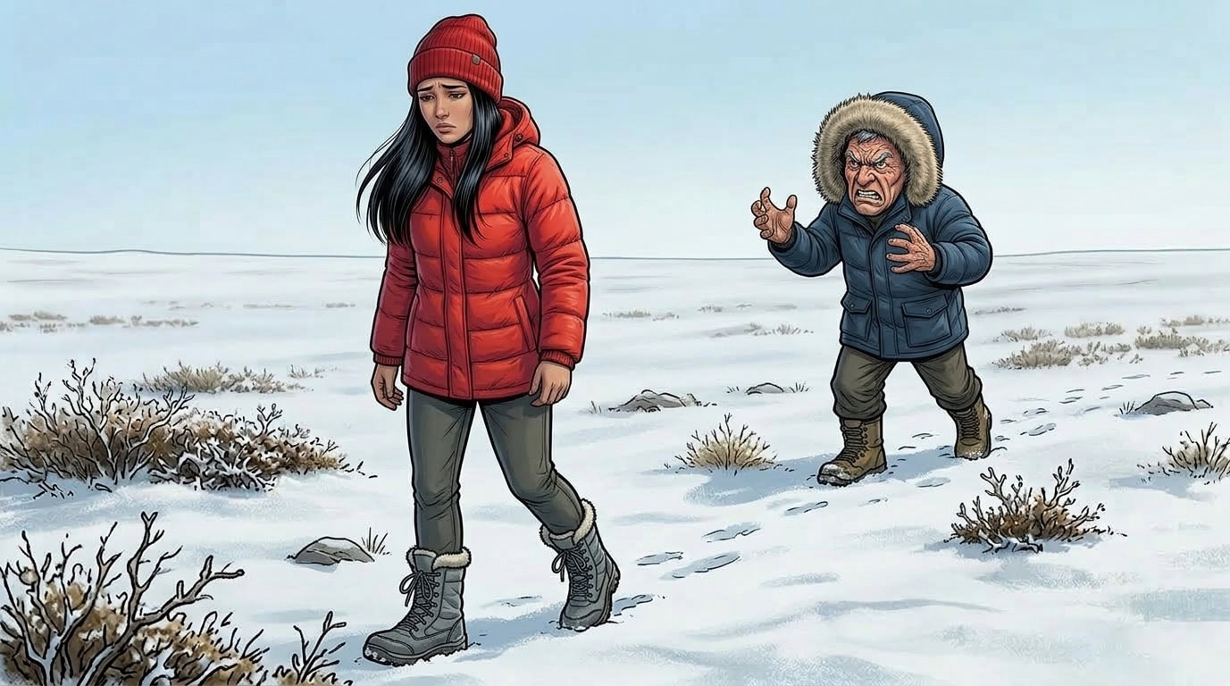 Frau stapft schlecht gelaunt durchs Eis, ein Mann mürrisch hinterher