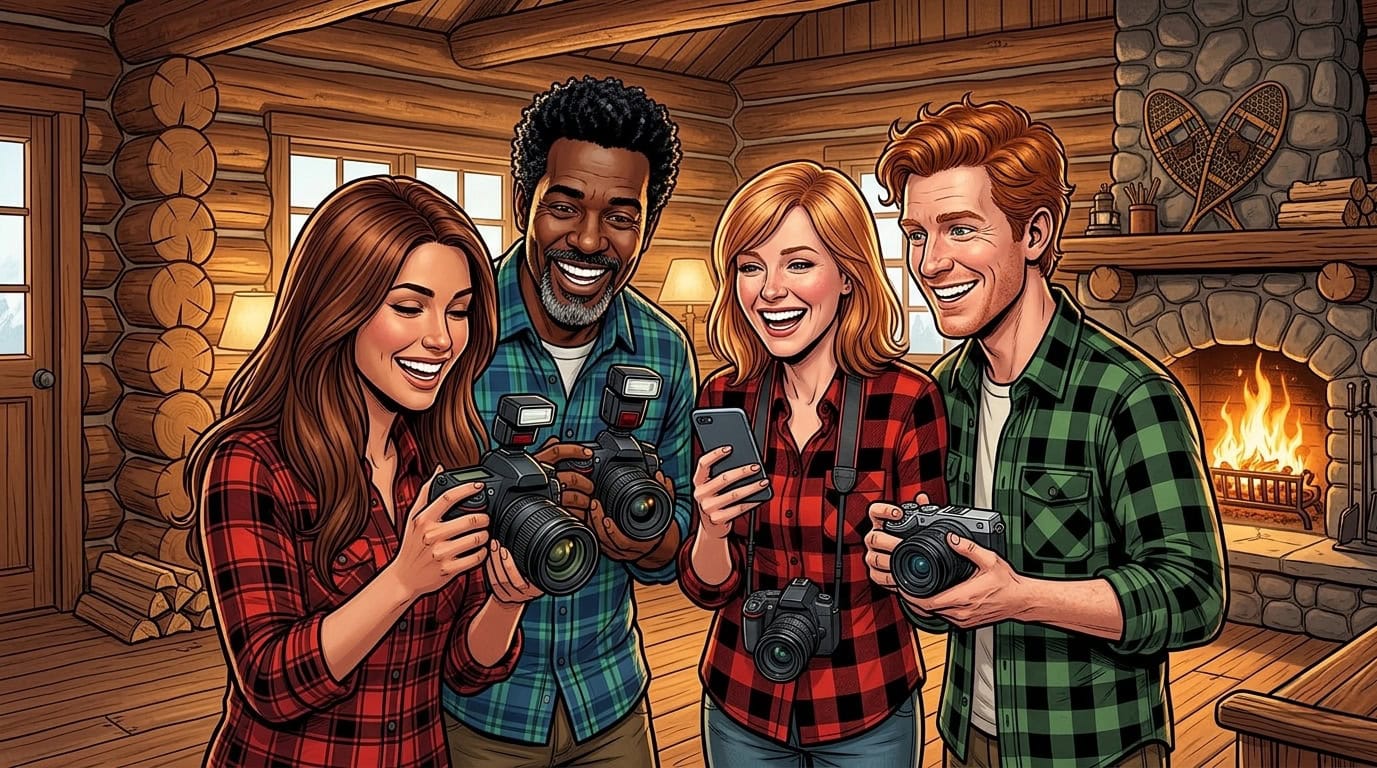 Illustration vier Menschen lachen in einer Hütte mit Kameras in der Hand