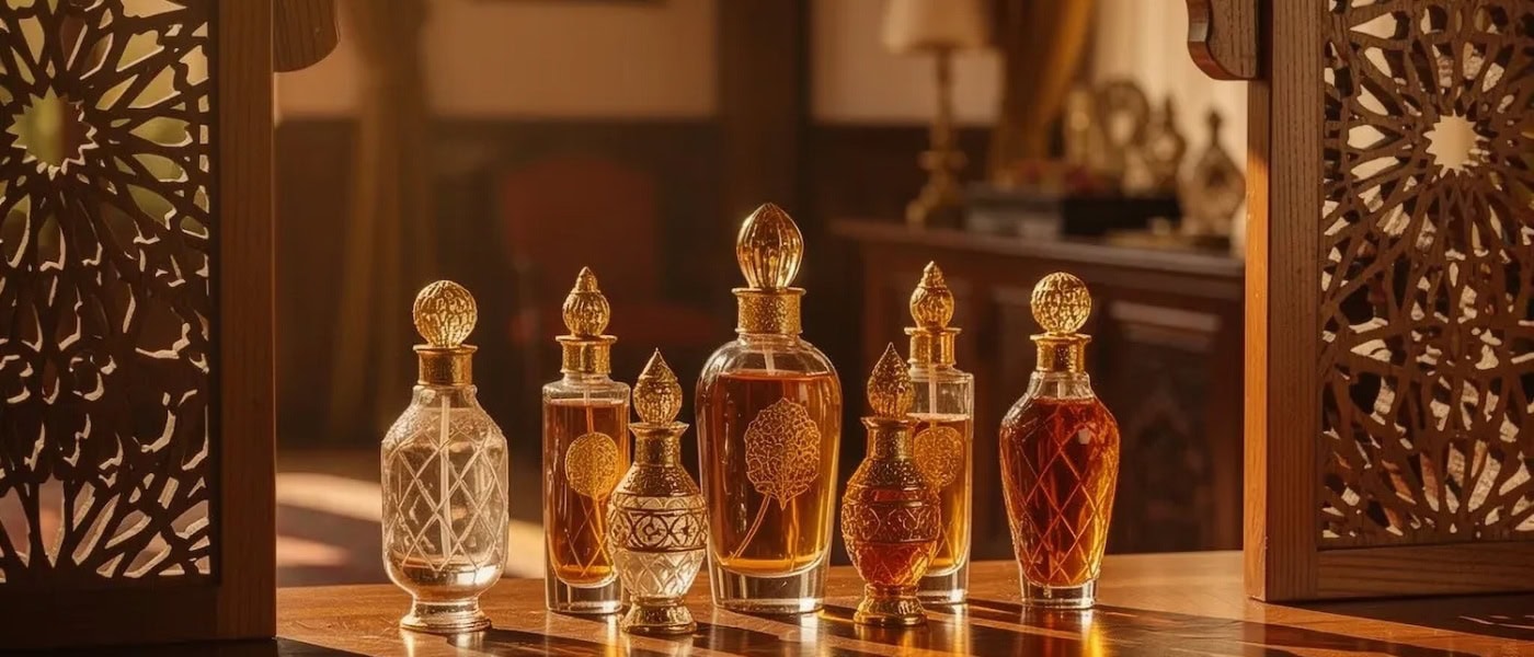 goldene Parfümflaschen in arabischer Deko