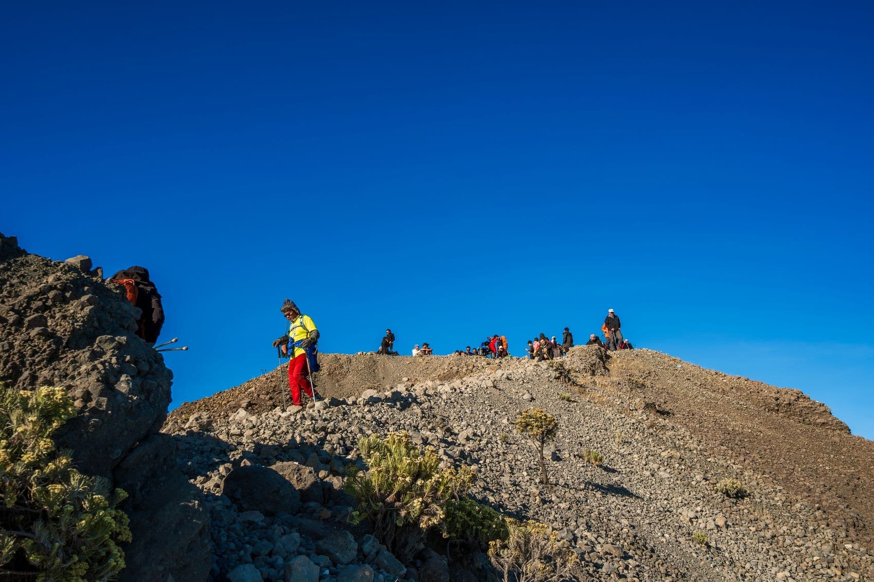Sembalun, Lombok, Indonesien - 31. August 2024: Wanderer und Reisende wandern am Mount Rinjani, dem zweithöchsten Vulkan Indonesiens.