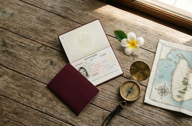 Eine redaktionelle Flat-Lay-Fotografie aus der Vogelperspektive auf einem verwitterten Teakholztisch. Auf der rechten Seite sind Reiseutensilien arrangiert: ein geöffneter, dunkelroter Reisepass im deutschen Stil, eine weiße Frangipani-Blüte mit gelber Mitte, ein geöffneter Kompass aus Messing und eine gefaltete Leinenkarte, die die Umrisse von Sri Lanka zeigt.