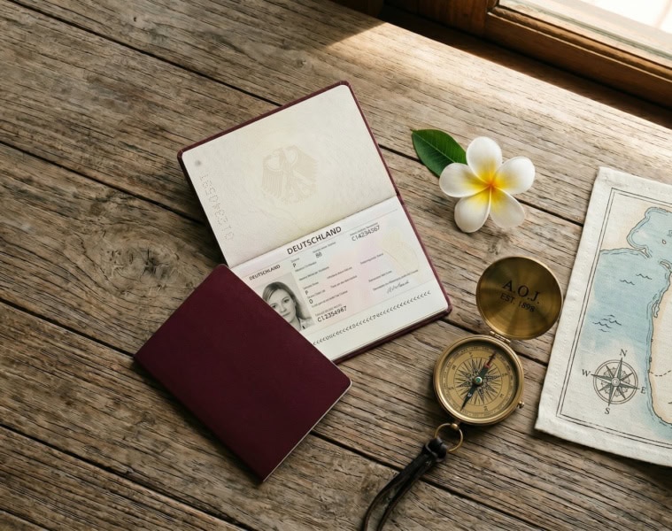 Eine redaktionelle Flat-Lay-Fotografie aus der Vogelperspektive auf einem verwitterten Teakholztisch. Auf der rechten Seite sind Reiseutensilien arrangiert: ein geöffneter, dunkelroter Reisepass im deutschen Stil, eine weiße Frangipani-Blüte mit gelber Mitte, ein geöffneter Kompass aus Messing und eine gefaltete Leinenkarte, die die Umrisse von Sri Lanka zeigt.
