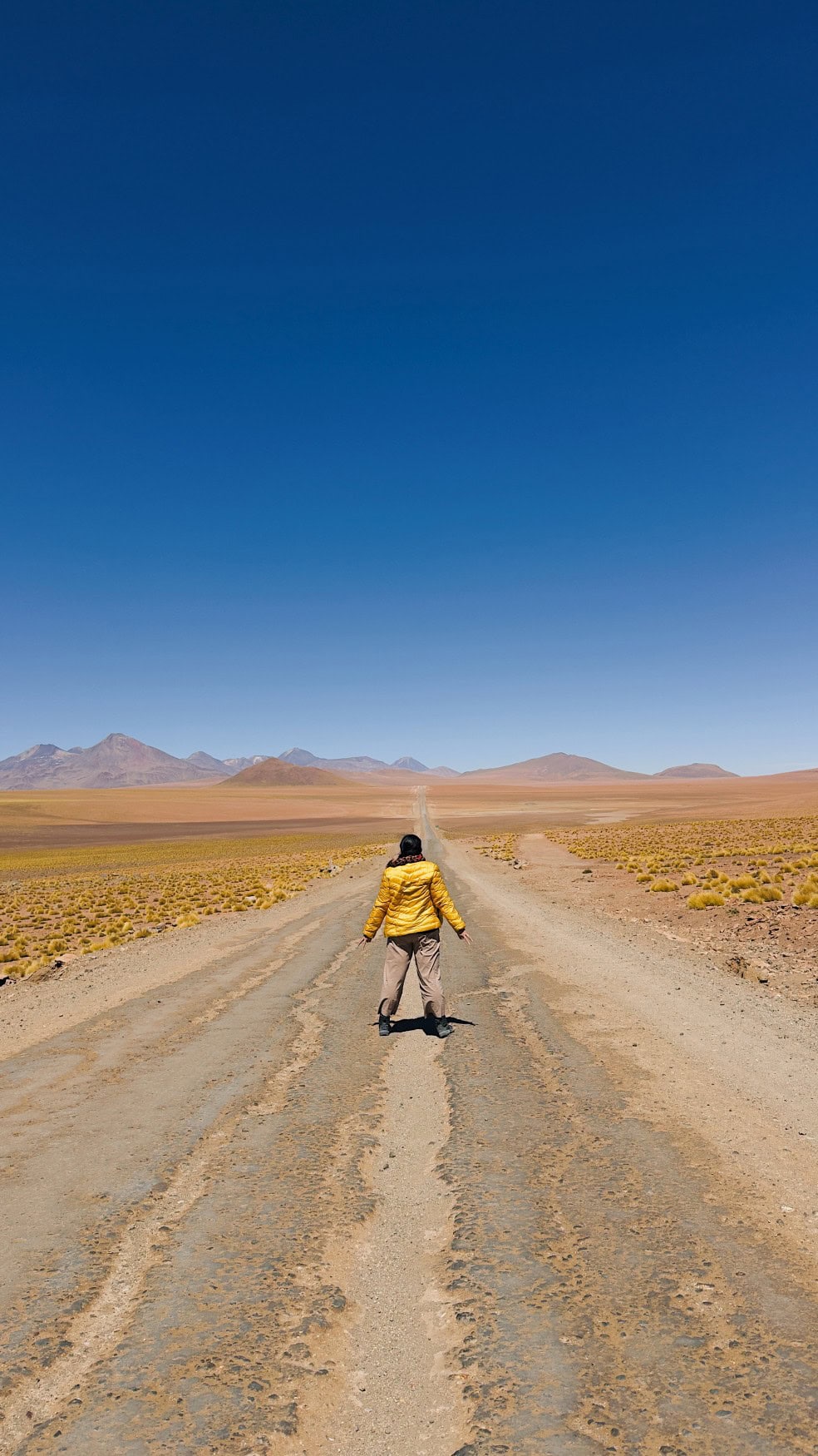 Auf einer Straße, die durch die Atacama-Wüste bis zum Horizont führt, steht eine einzelne Frau in gelber Jacke mit dem Rücken zum Betrachter und streckt die Hände zu zwei "Peace"-Zeichen zum Boden.