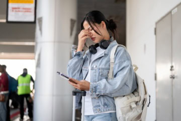 Gestresste Reisende am Flughafen-Gate hält ein Smartphone mit schwarzem Display in der Hand