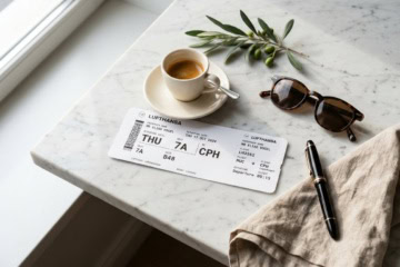Lufthansa-Bordkarte nach Kopenhagen neben Espressotasse, Sonnenbrille, Olivenzweig und Füllfederhalter auf hellem Marmortisch am Fenster
