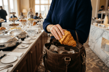 Hand lässt Croissant in Handtasche am Hotel-Frühstücksbuffet verschwinden