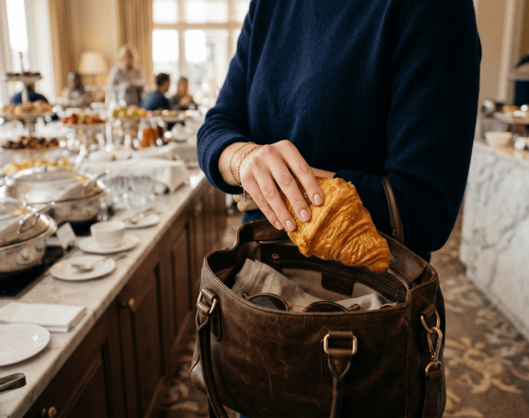 Hand lässt Croissant in Handtasche am Hotel-Frühstücksbuffet verschwinden