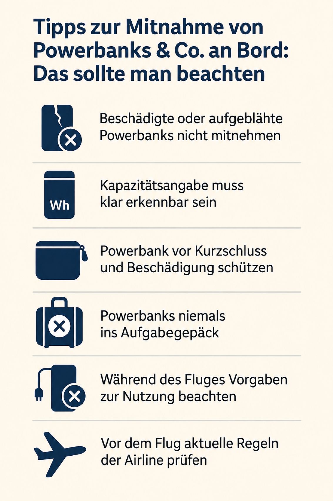 Infografik mit sechs Tipps zur Mitnahme von Powerbanks im Flugzeug