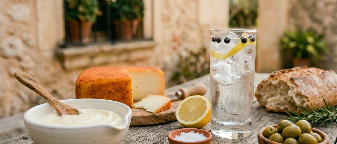 Menorquinisches Stillleben auf rustikalem Holztisch: angeschnittenes Queso Mahón, Schale mit hausgemachter Aioli, Gin Tonic mit Zitrone und Wacholderbeeren, Brot, grüne Oliven und Salz vor mediterraner Steinmauer