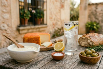 Menorquinisches Stillleben auf rustikalem Holztisch: angeschnittenes Queso Mahón, Schale mit hausgemachter Aioli, Gin Tonic mit Zitrone und Wacholderbeeren, Brot, grüne Oliven und Salz vor mediterraner Steinmauer