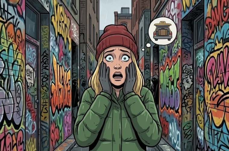 Marie in der Graffiti Alley in Toronto nachdem sie ihren Koffer im Taxi vergessen hat