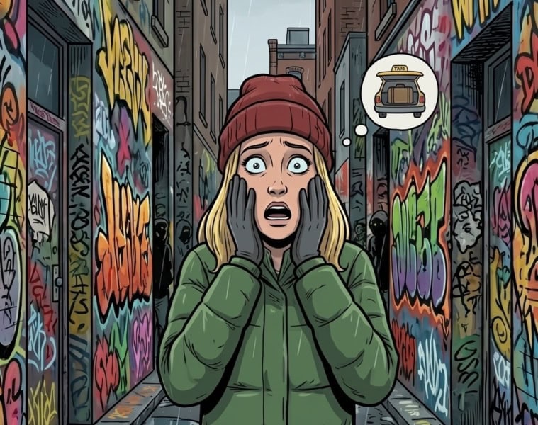 Marie in der Graffiti Alley in Toronto nachdem sie ihren Koffer im Taxi vergessen hat