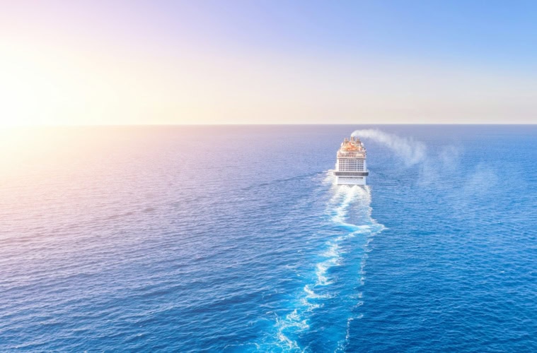 Kreuzfahrtschiff ind er Ferne auf dem Weg zum Horizont