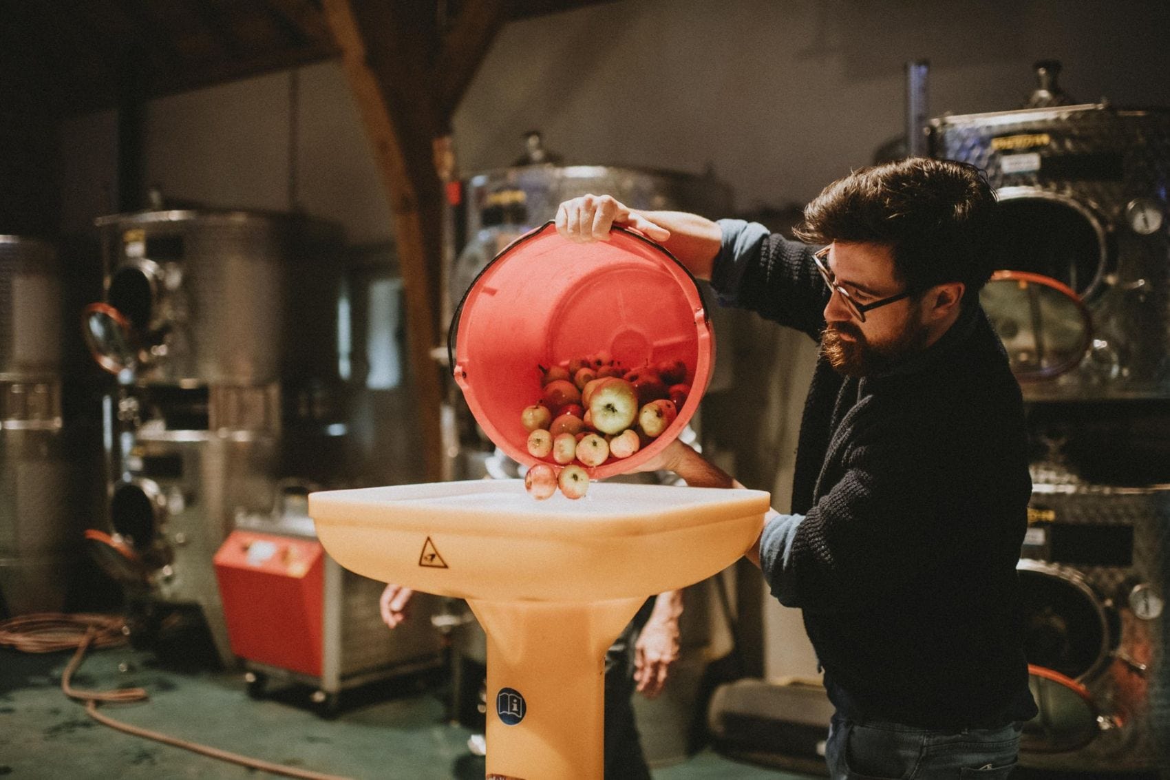 Ein junger Mann mit dunklen Haaren, einem Vollbart und Brille schüttet gewaschene und sortierte Äpfel in eine Mühle, wo sie zu Fruchtbrei verarbeitet werden.