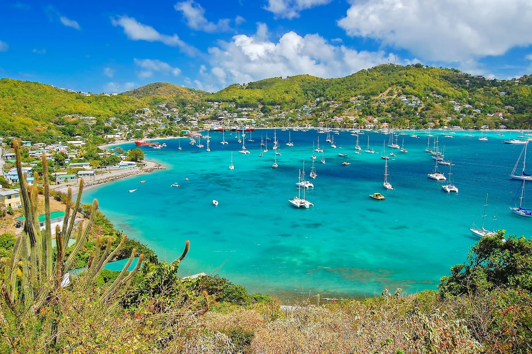 Blick auf die Admiralty Bay von Bequia in den Grenadinen mit zahlreichen Segelyachten im türkisblauen Wasser, umgeben von grünen Hügeln