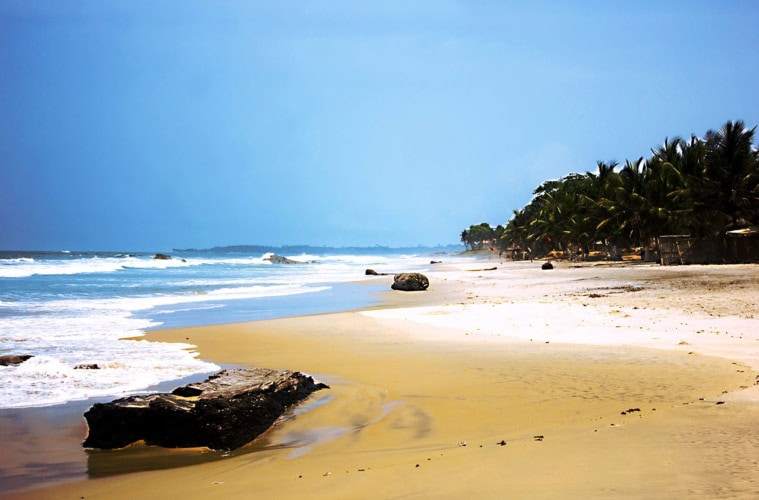 Palmen und heller Sandstrand an der Atlantikküste der Elfenbeinküste nahe Assinie.
