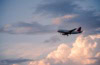 Analysierte Flugzeugbild und formulierte präzisen Alt-Text»Verkehrsflugzeug im Landeanflug mit ausgefahrenem Fahrwerk vor rosa beleuchteten Wolken im Abendhimmel.