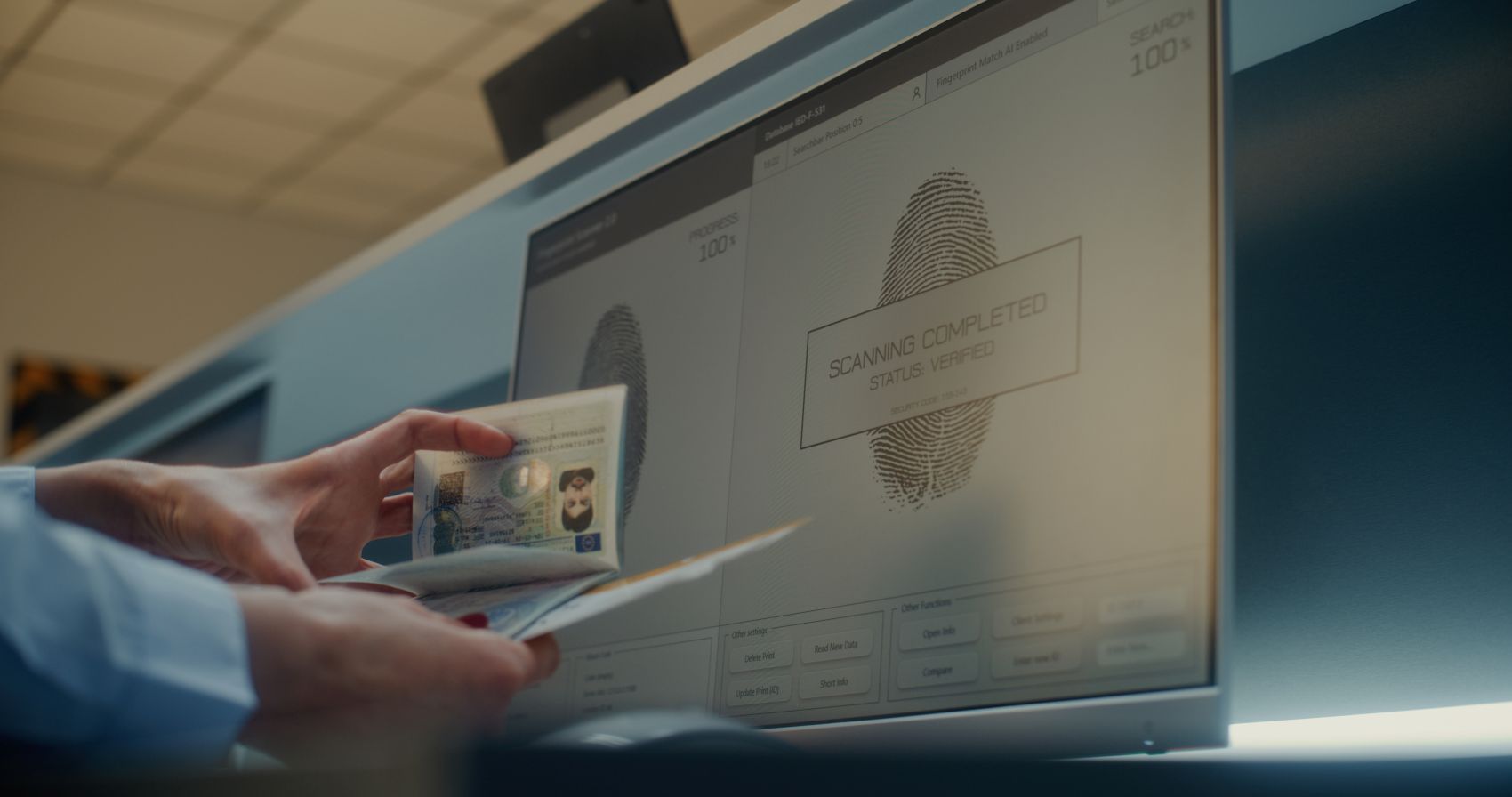 Person hält einen Reisepass an einer automatisierten Passkontrolle, während auf einem Bildschirm ein Fingerabdruck-Scan angezeigt wird.