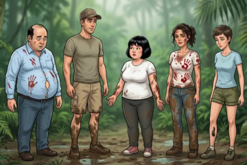 Illustration von fünf Personen im Dschungel in Thailand mit Blutegeln.