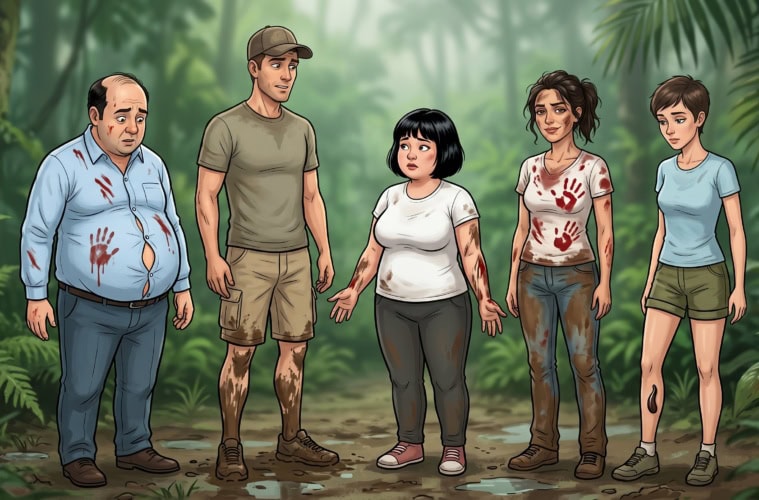 Illustration von fünf Personen im Dschungel in Thailand mit Blutegeln.