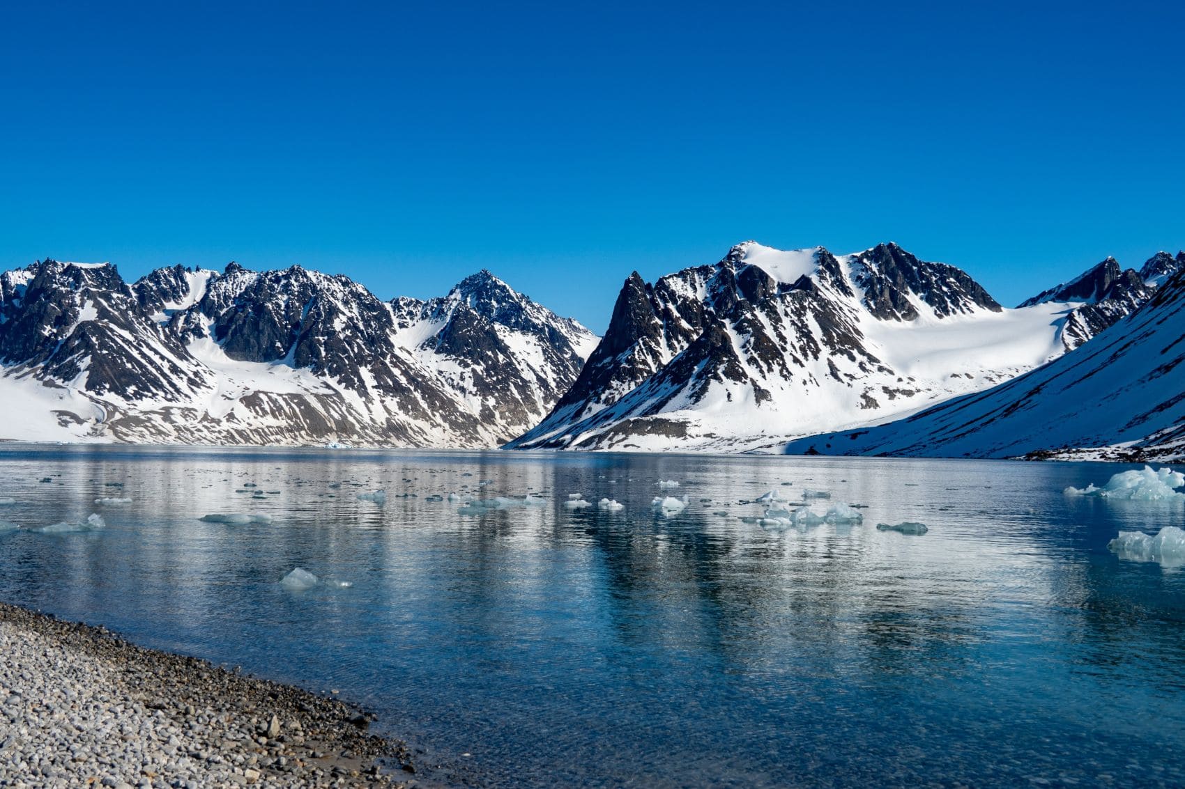 Schneebedeckte Berge spiegeln sich in einem ruhigen Fjord auf Spitzbergen im arktischen Sommer.