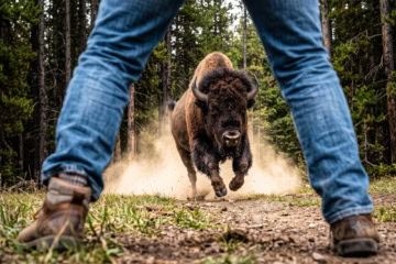 KI-Illustration eines Bisons, das auf einen Mann zustürmt