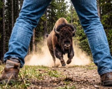 KI-Illustration eines Bisons, das auf einen Mann zustürmt
