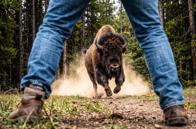 KI-Illustration eines Bisons, das auf einen Mann zustürmt