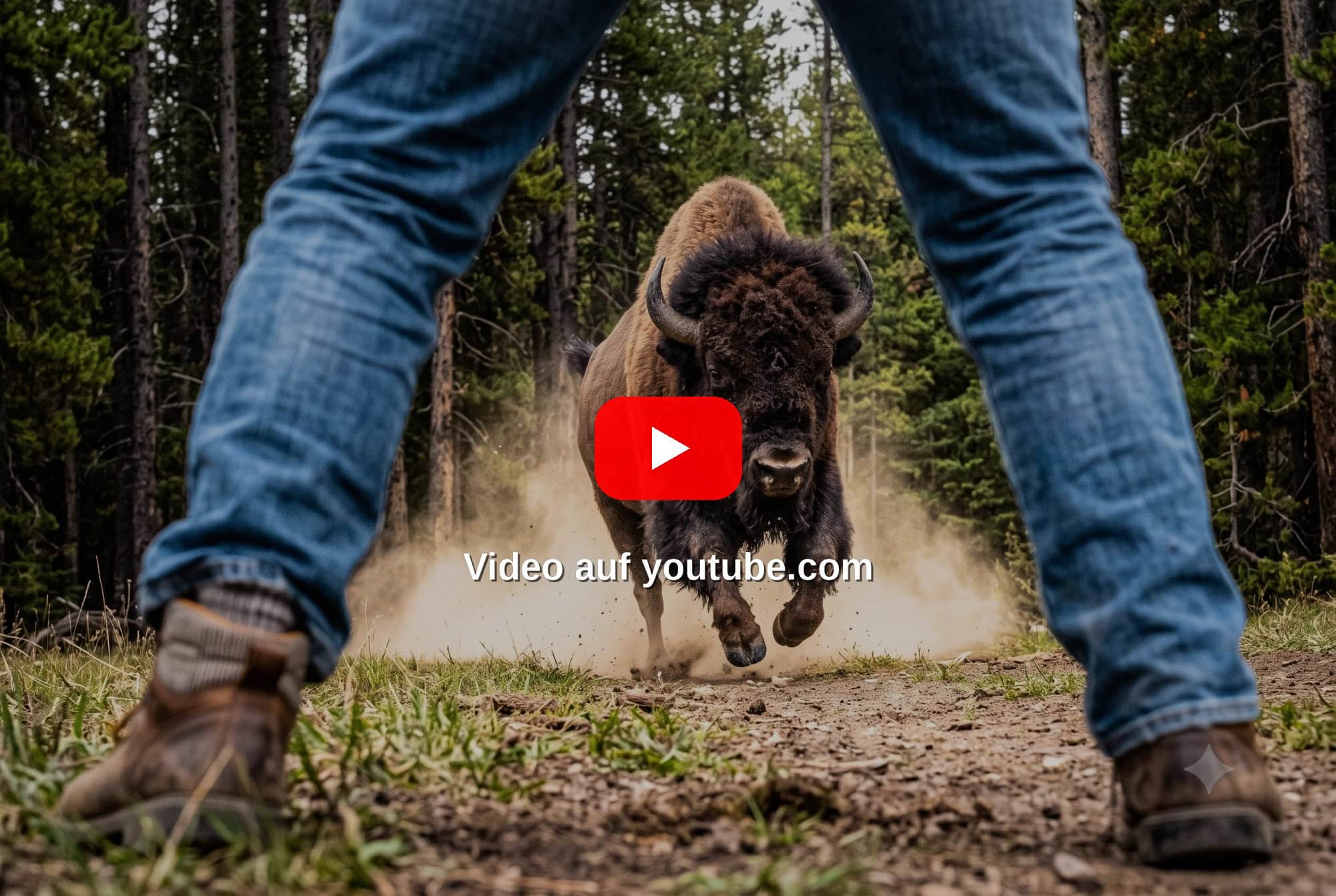 KI-Illustration eines Bisons, das auf einen Mann zustürmt. Darüber ein Overlay mit dem Youtube-Logo und dem Hinweis "Video auf youtube.com"