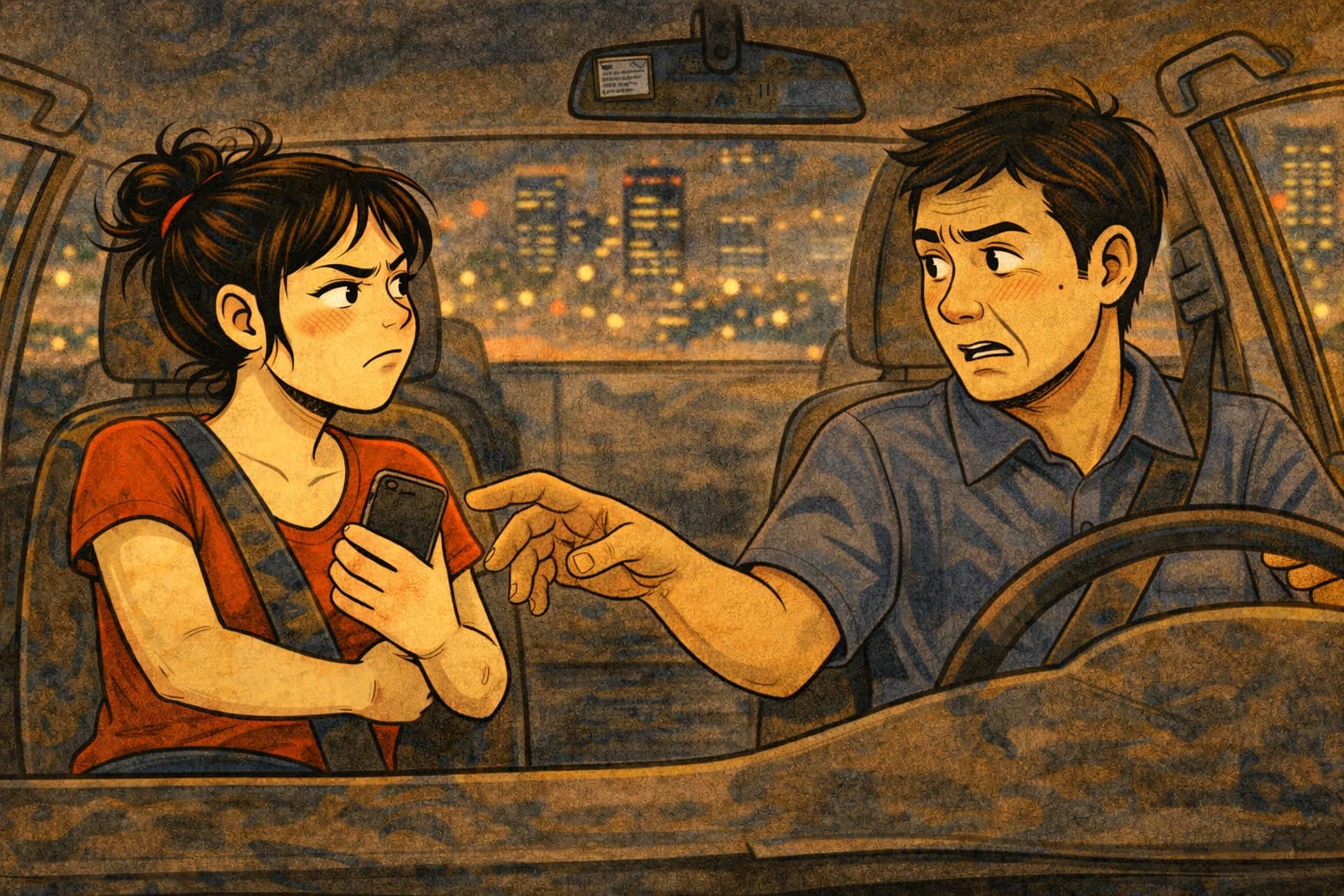Illustration einer jungen Frau und eines Taxifahrers, die sich im Innenraum eines Autos vor der nächtlichen Skyline Bangkoks auseinandersetzen.