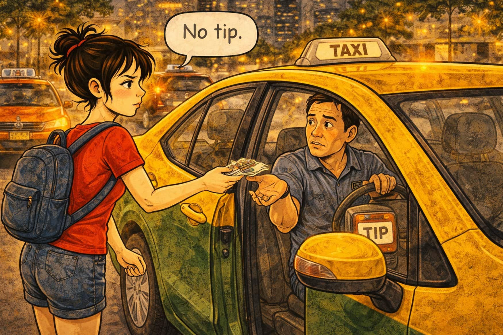 Illustration einer jungen Frau, die einem Taxifahrer Bargeld reicht, während dieser sich über das fehlende Trinkgeld beschwert.
