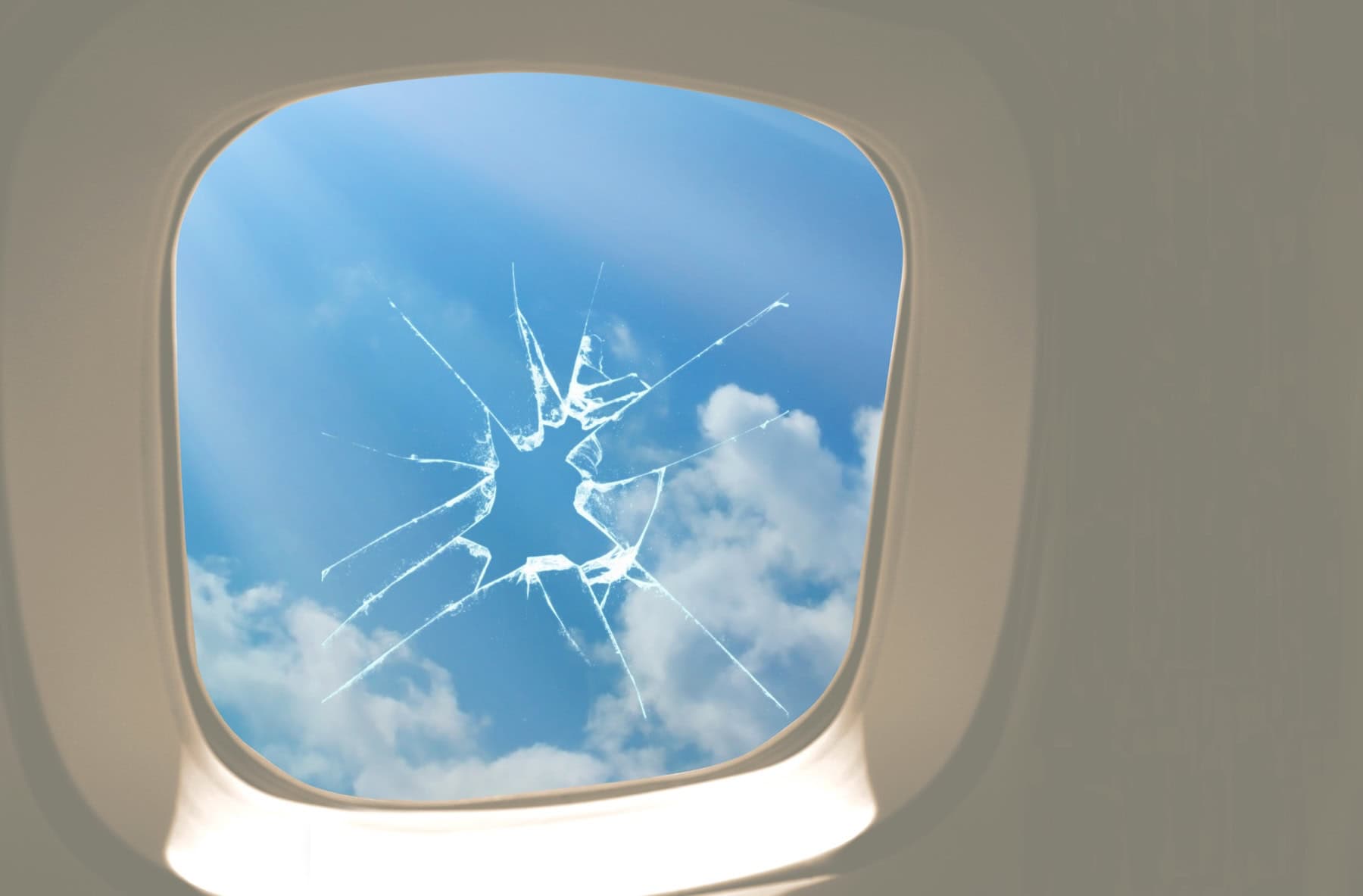 Ein kaputtes Fenster in einem Flugzeug. 
