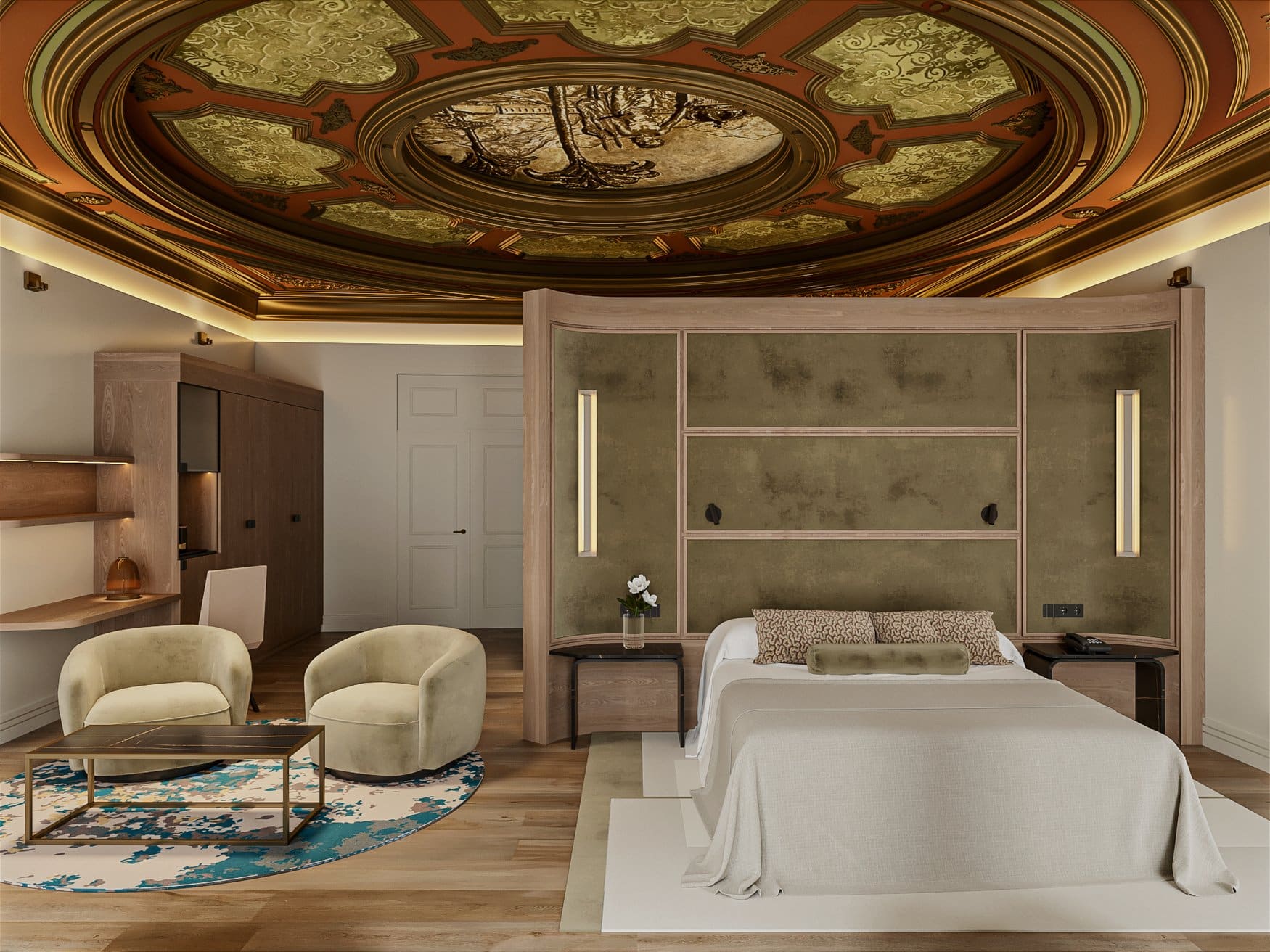 Rendering einer Suite mit reich verziertem, bemaltem Deckenrund in Gold- und Rottönen, einem Doppelbett vor olivgrüner Wand und einer Sitzecke mit zwei Sesseln auf rundem Teppich.