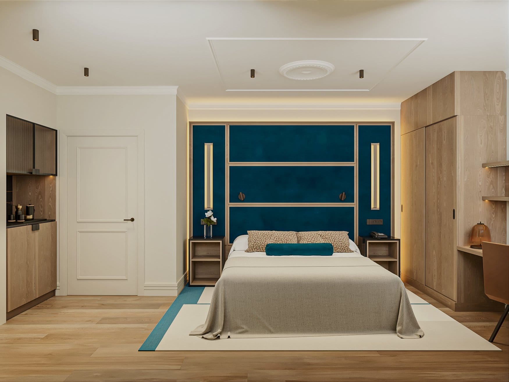 Rendering eines Hotelzimmers in frontaler Ansicht mit Doppelbett vor einer petrolfarbenen Paneelwand, je einem Nachttisch links und rechts, dahinter Kleiderschrank und Minibar.