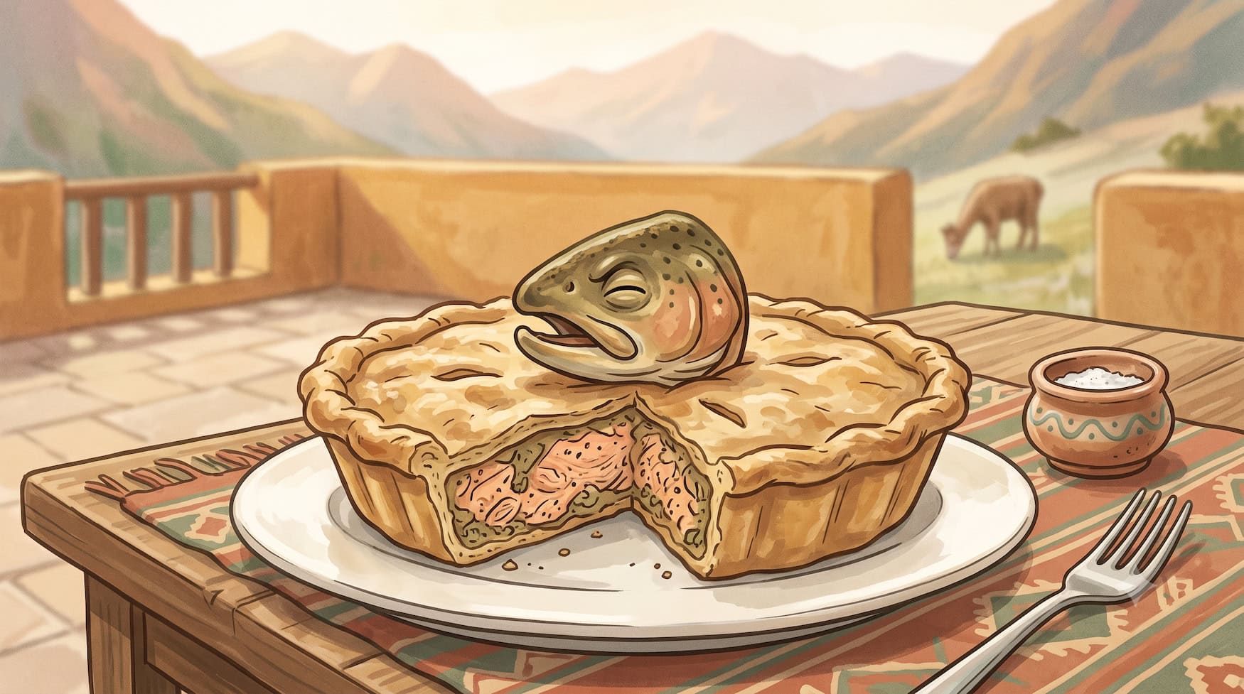 Illustration einer Forellentorte auf einem gedeckten Tisch im Heiligen Tal in Peru