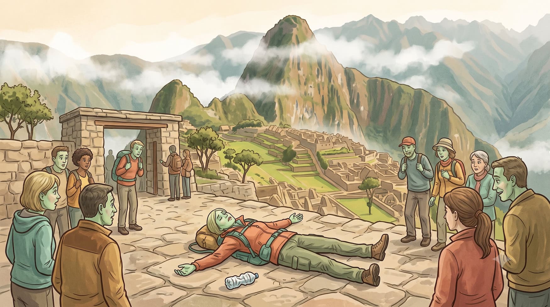 Reise-Fail Peru, erschöpfte Person liegt am Eingang des Machu Picchu auf 2.430 Metern