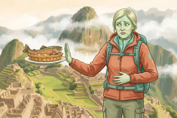Reise-Fail Peru, grün im Gesicht schiebt eine Reisende vor dem Machu Picchu eine Forellentorte von sich weg