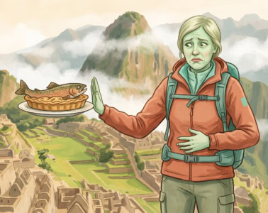Reise-Fail Peru, grün im Gesicht schiebt eine Reisende vor dem Machu Picchu eine Forellentorte von sich weg